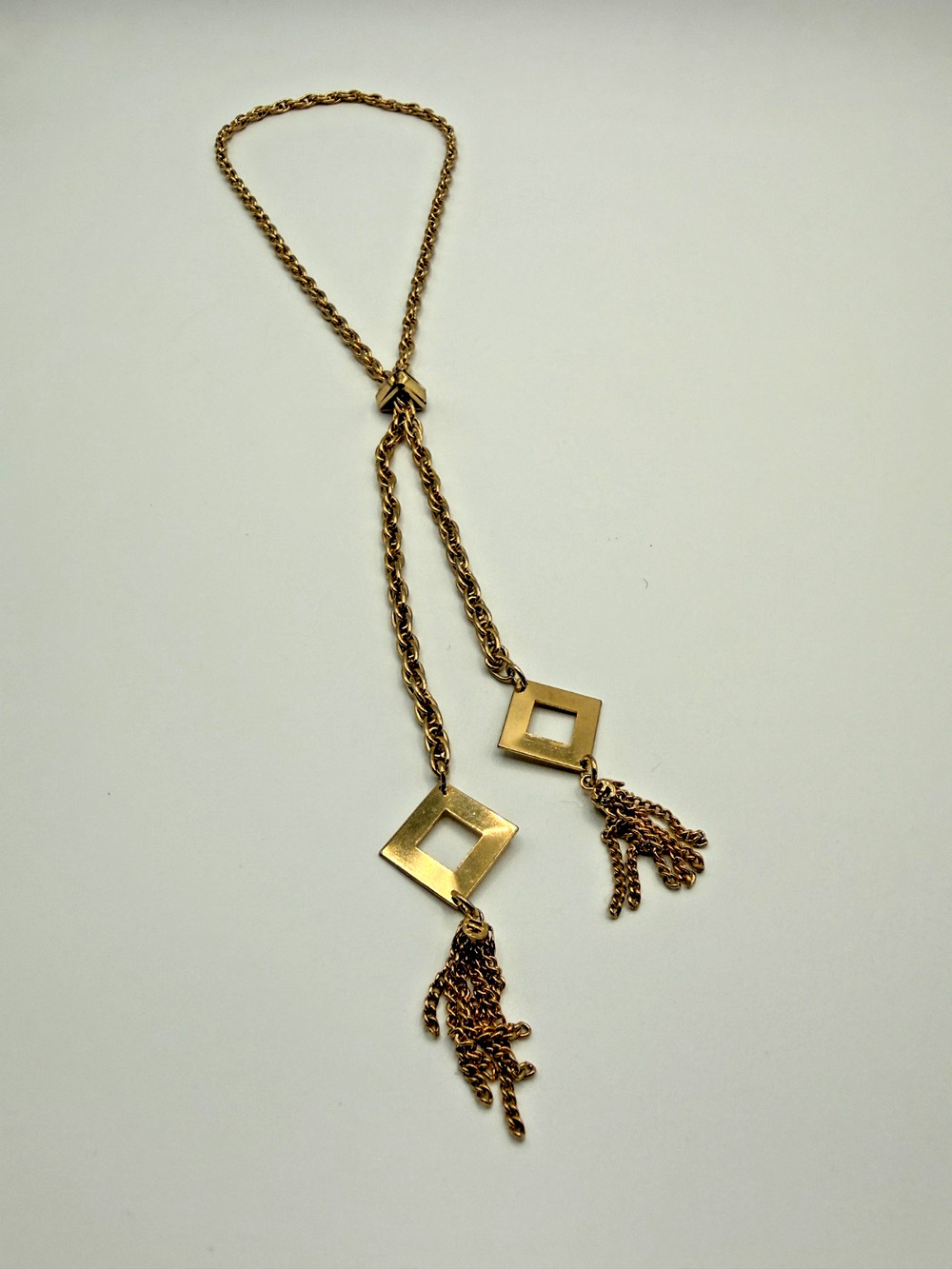 Vintage Gold Tone Lariat Necklace 16" Bolo Slider Square Tassel Rope Chain